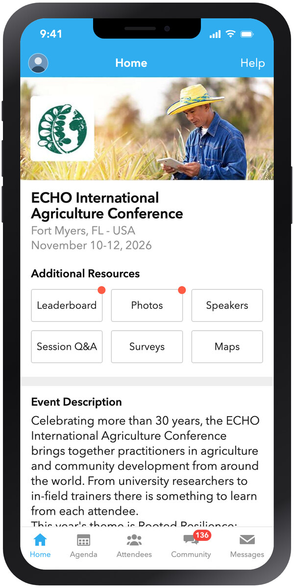 The ECHO International Agriculture Conference event page in the Whova conference app